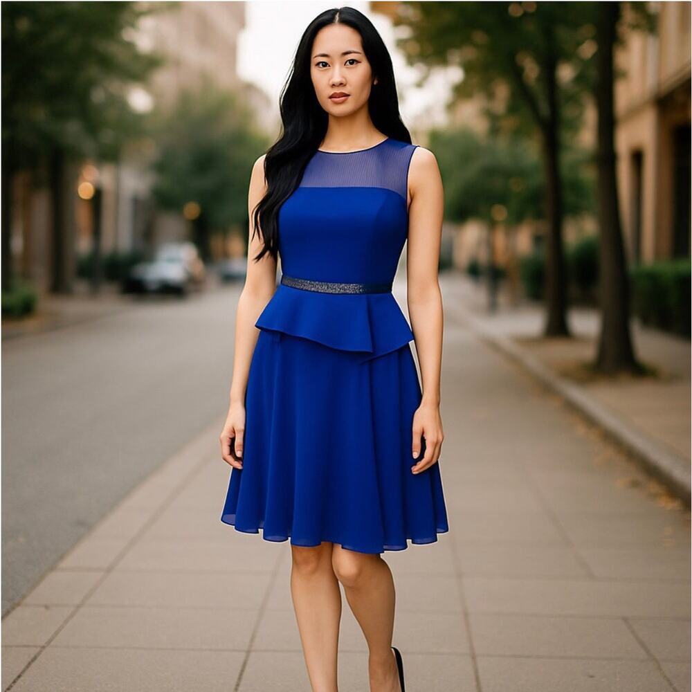 Rickie Freeman Teri Jon Royal Blue Illusion Neck Cocktail Dress Size 6